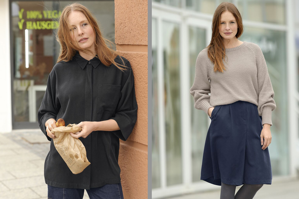 Het model draagt een blouse van het innovatieve materiaal en een rok op de andere foto.