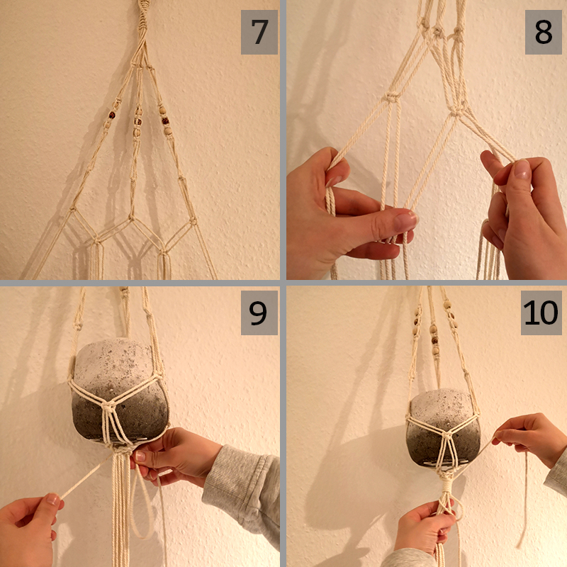 Hier zie je de laatste stappen voor het knopen van een plantenhanger, een bijpassende bloempot wordt gebruikt voor de maat.