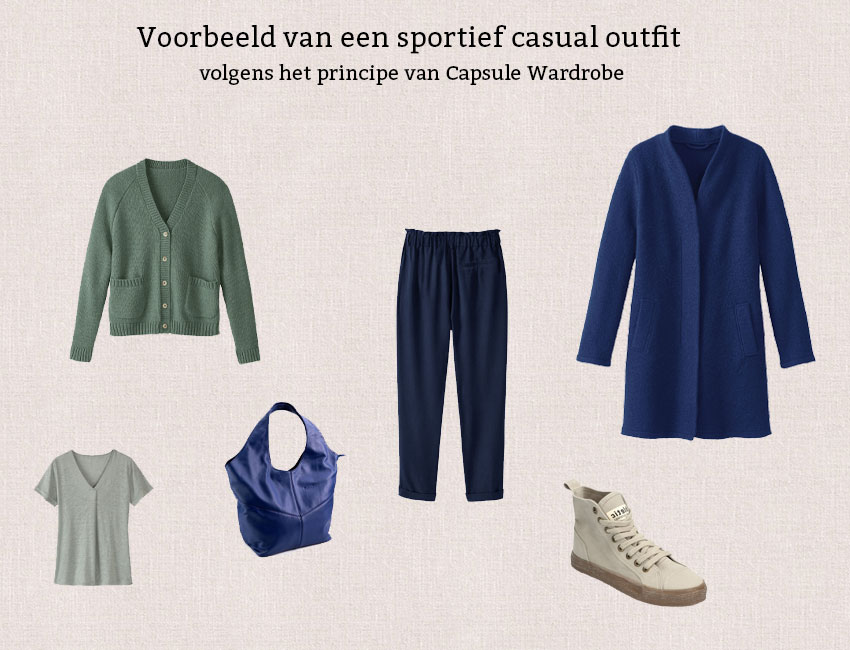 Een outfit gebaseerd op het principe van een Capsule Wardrobe samengesteld uit verschillende individuele kledingstukken.