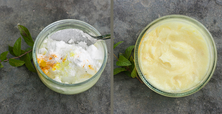 Hier zie een collage met de ingrediënten in een glas en de aangeroerde tandpasta