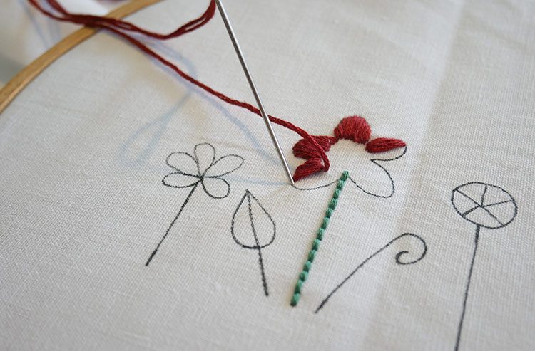DIe Blüten einer Blume werden mit dem Plattstich gestickt.