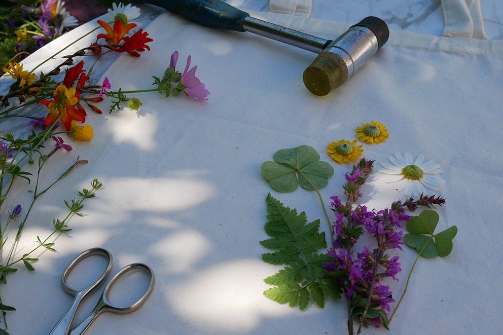Blumen liegen auf einen Stoff, außerdem liegt ein Hammer zum Herstellen des Blumendrucks bereit.